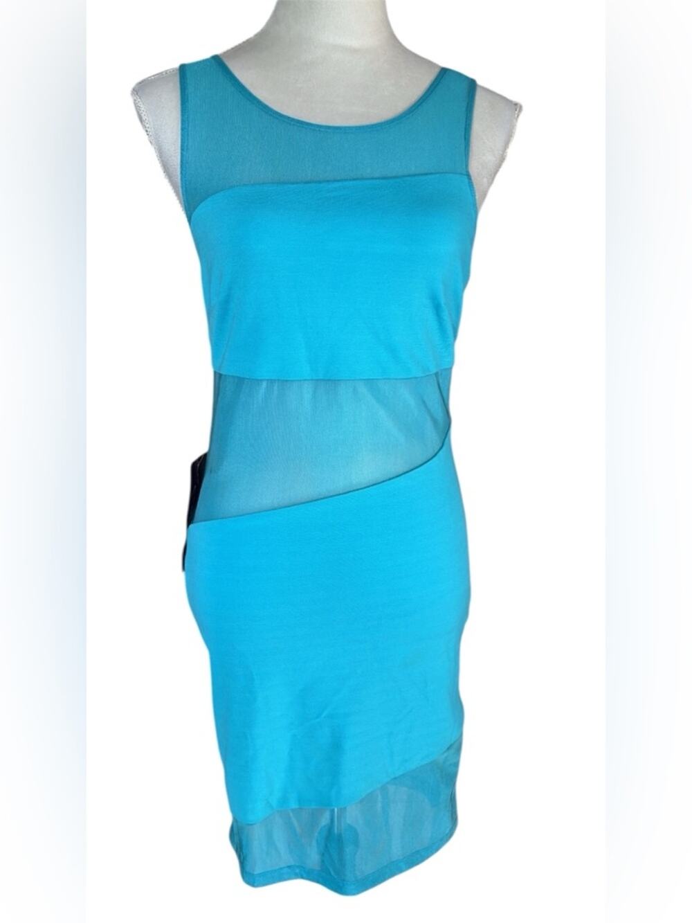 Y2K Bebe Sleeveless Turquoise Mesh Panel Bodycon  Dress